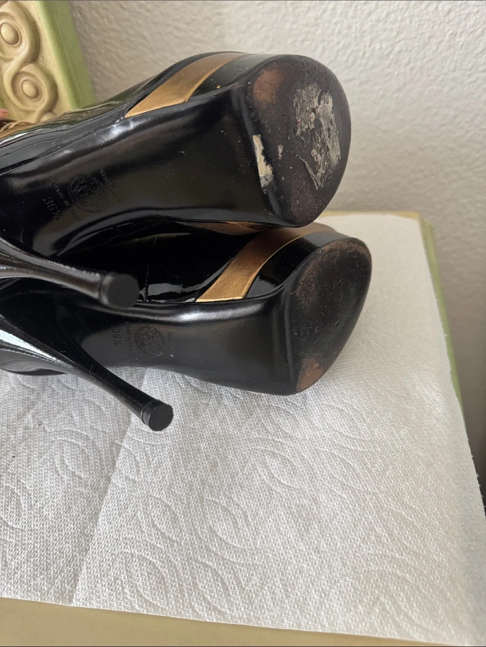 Versace Black Patent and Metallic Gold Wrapped Open-Toe Ankle Booties